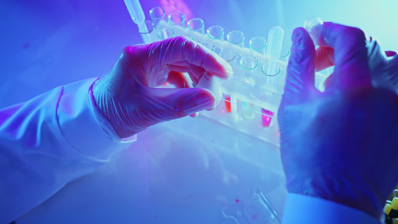 Scientist's Hands in Gloves Performing Laboratory Experiment with Test Tubes
