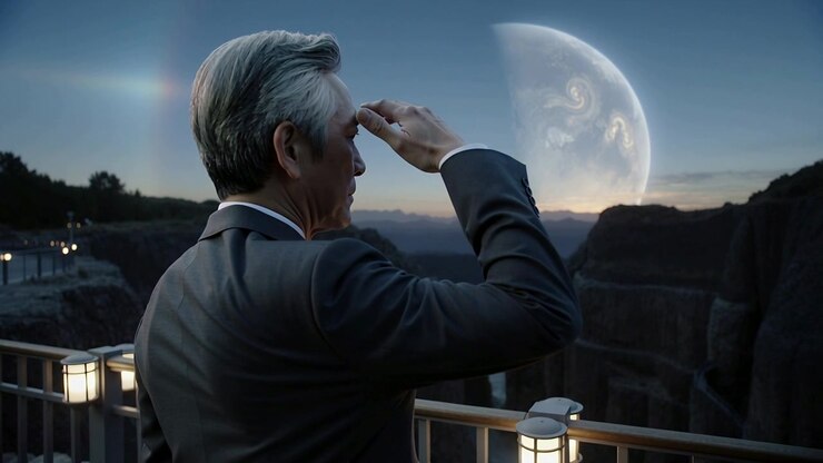 Noticing planet rising, senior man in suit,tie gesturing by railing at cliff shielding eyes