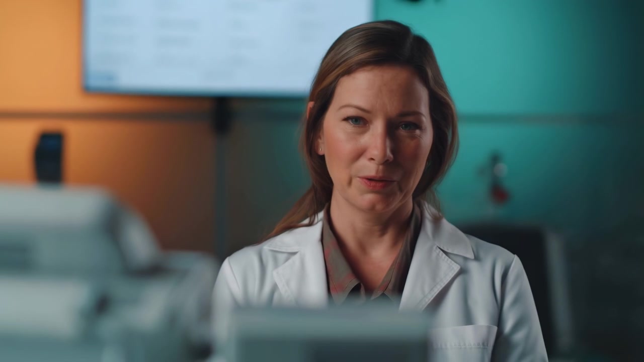 Donna seduta si gira lentamente verso la telecamera con messa a fuoco morbida accanto a una macchina diagnostica biancastra resa con dettagli nitidi in primo piano, creando un'atmosfera clinica calma con interni moderni e puliti e