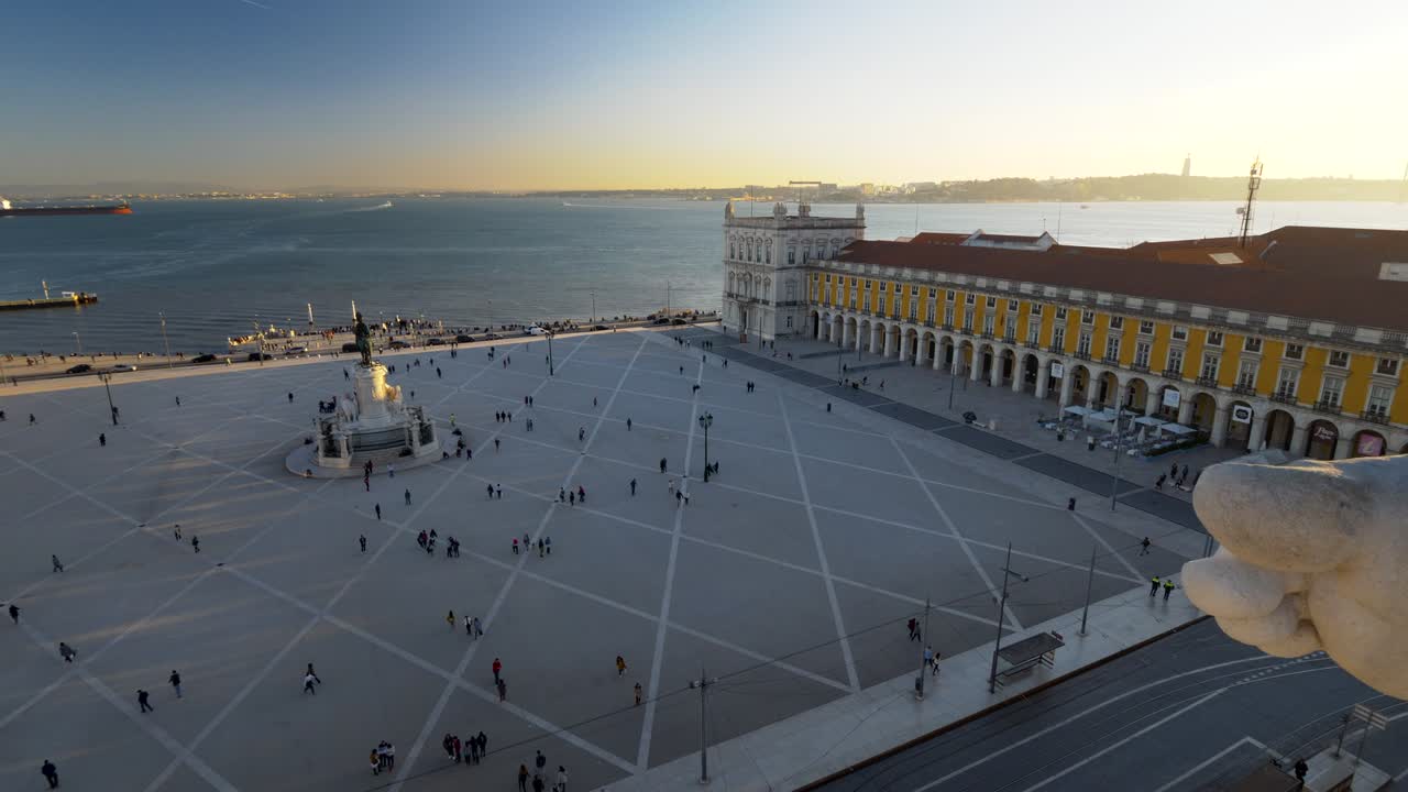 Commercial square in sunset lights. Lisbon, Portugal. Panoramic shot. View from the observation deck on Triumphal arch of the Augusta street