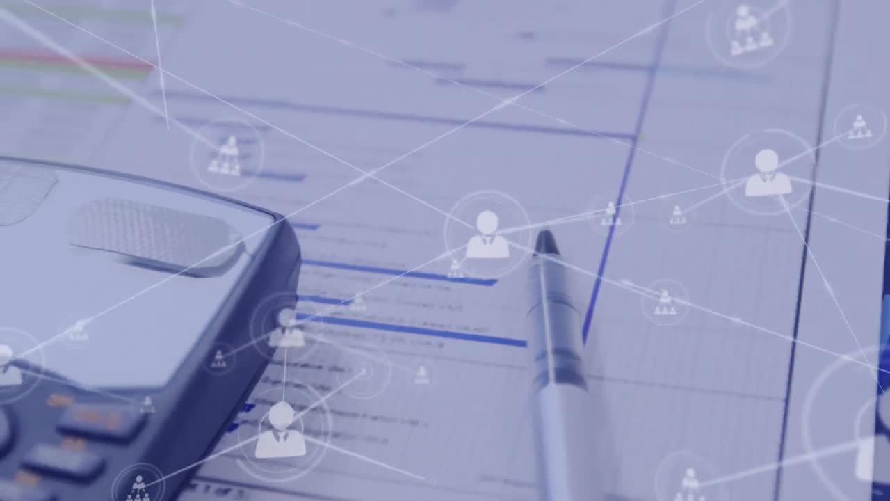 Network of profile icons against close up view of documents and calculator