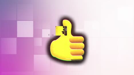 Animation-of-glitched-thumbs-up-icon-with-squares-over-gradient-background