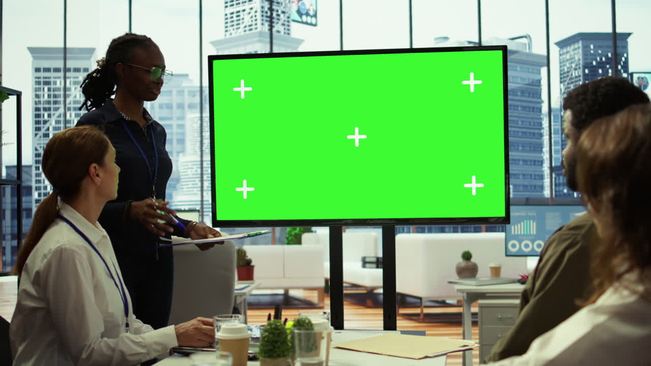 un equipo de trabajo diverso discute las estrategias corporativas con una gran pantalla verde