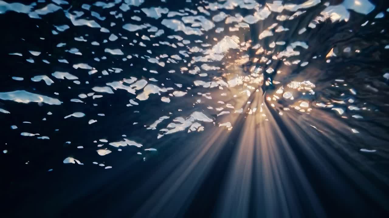 Underwater video shot from below, capturing sunlight streaming through rippling water