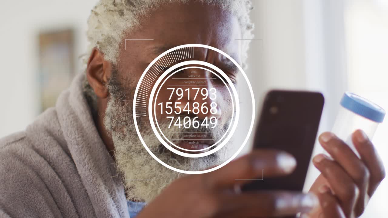 Senior man tapping phone holding pill jar, HUD overlaying face updating readouts guiding medication