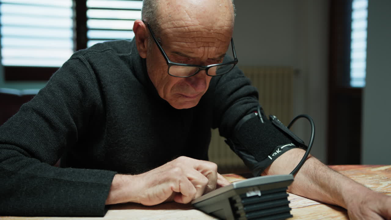 Elderly Man Measures His Blood Pressure at Home