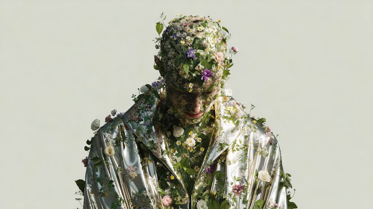 A Stunning Visual Transformation: A Man Adorned in Floral Elements Captured in Two Frames, Showcasing Nature's Beauty Intertwined with Human Form for an Emotional Artistic Expression