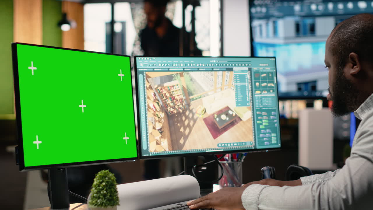 Uomo che lavora a un design 3D al computer con schermo verde
