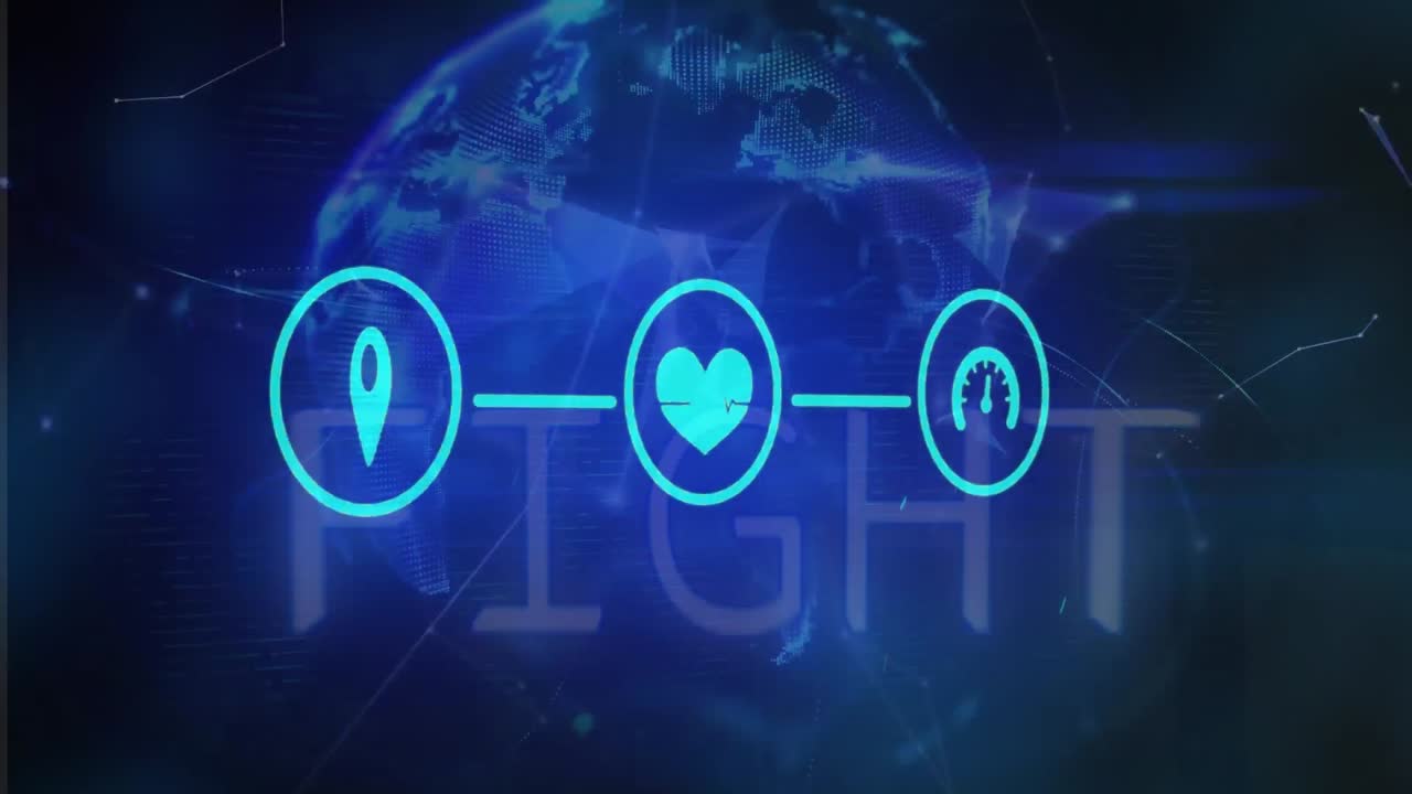 파란색 배경에 회전하는 플렉서스 네트워크의 전 세계에 대한 디지털 아이콘 네트워크의 애니메이션