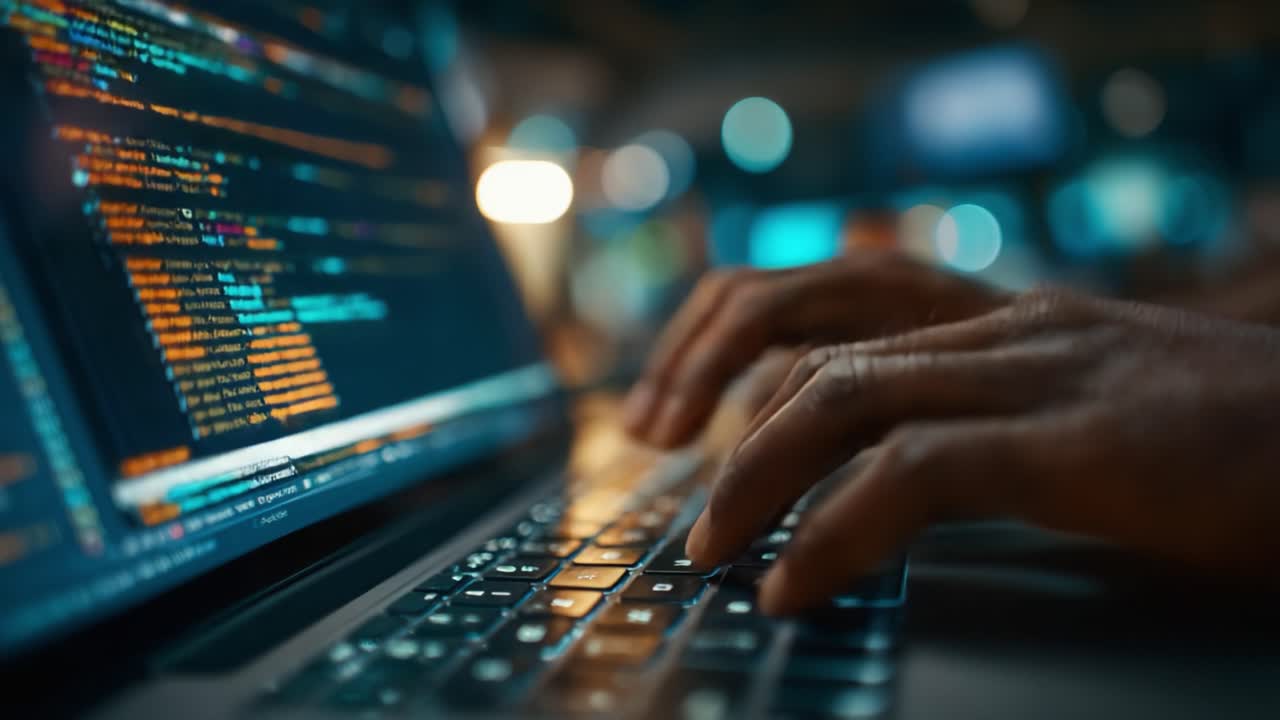 A Focus on Programming: Hands Typing on a Laptop with Colorful Code on Screen, Showcasing the Complexity of Software Development and Digital Creativity
