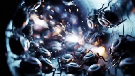 a close-up exploration inside a futuristic tube teeming with robotic creatures, showcasing their intricate design and dynamic movement beneath a shimmering light