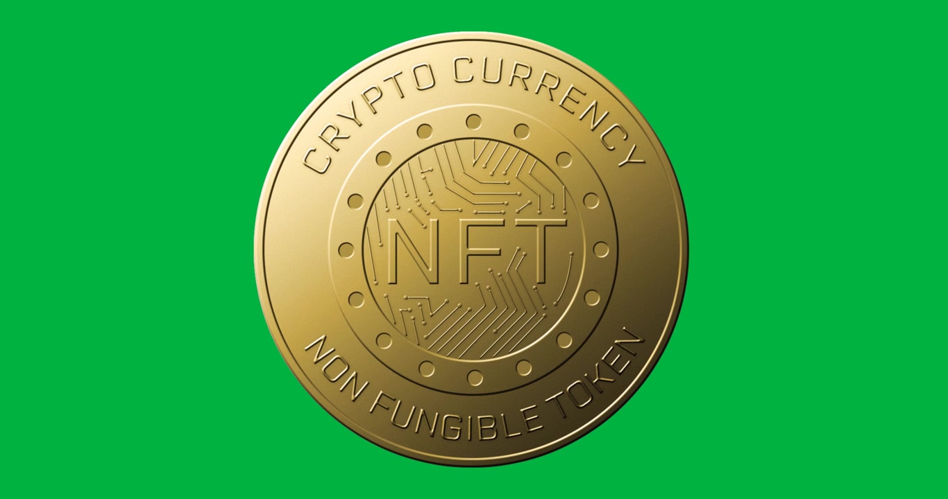 Animation of golden nft coin spinning over transparent background