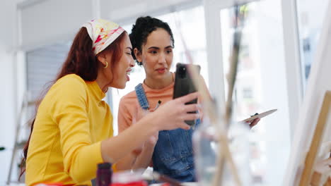 women in art studio together with phone