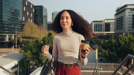 business, woman and steps walking with coffee