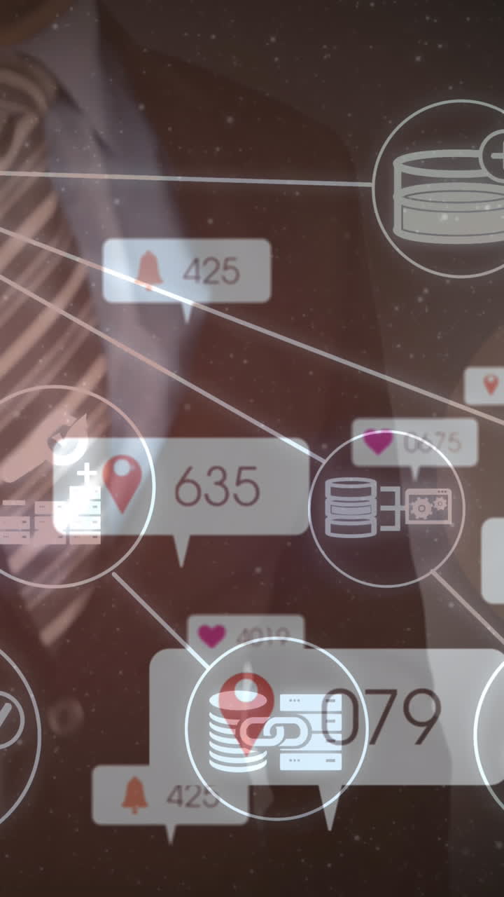 Animation of social media icons and numbers over businessman touching interactive screen