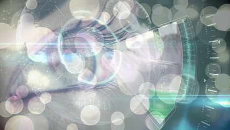 puntos brillantes de luz, procesamiento de datos y escaneo de alcance sobre el ojo femenino de cerca