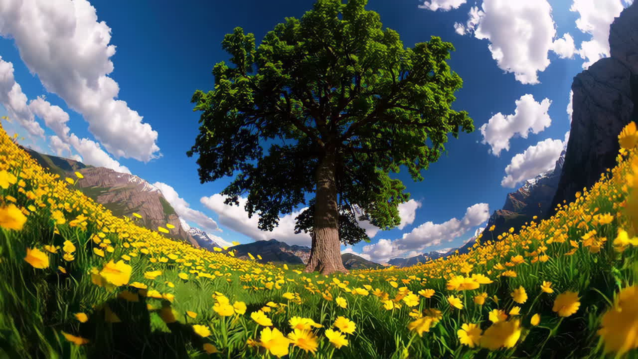 Majestic Tree in a Field of Yellow Flowers