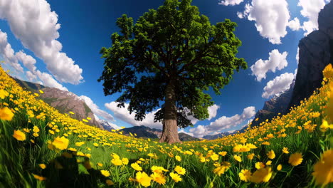 majestic tree in a field of yellow flowers