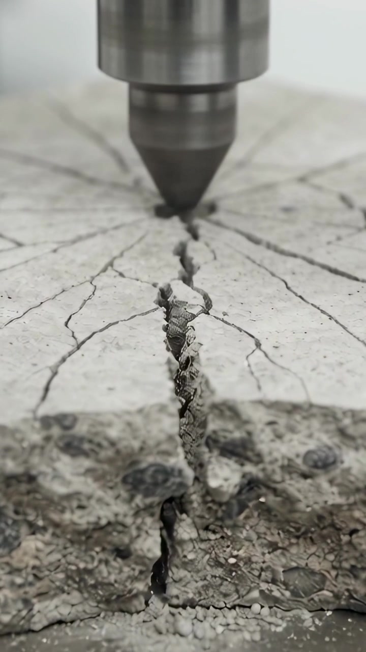 Video verticale: Punta di trapano rotante che tocca la parte superiore di una crepa su una lastra in laboratorio, scheggiandola.