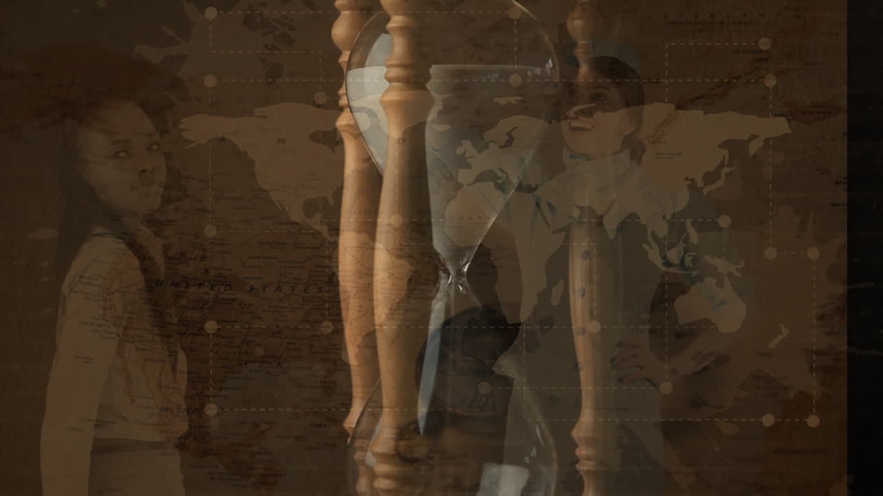 모래시계를 통해 나침반과 다양한 사람들을 가진 세계 지도의 애니메이션.