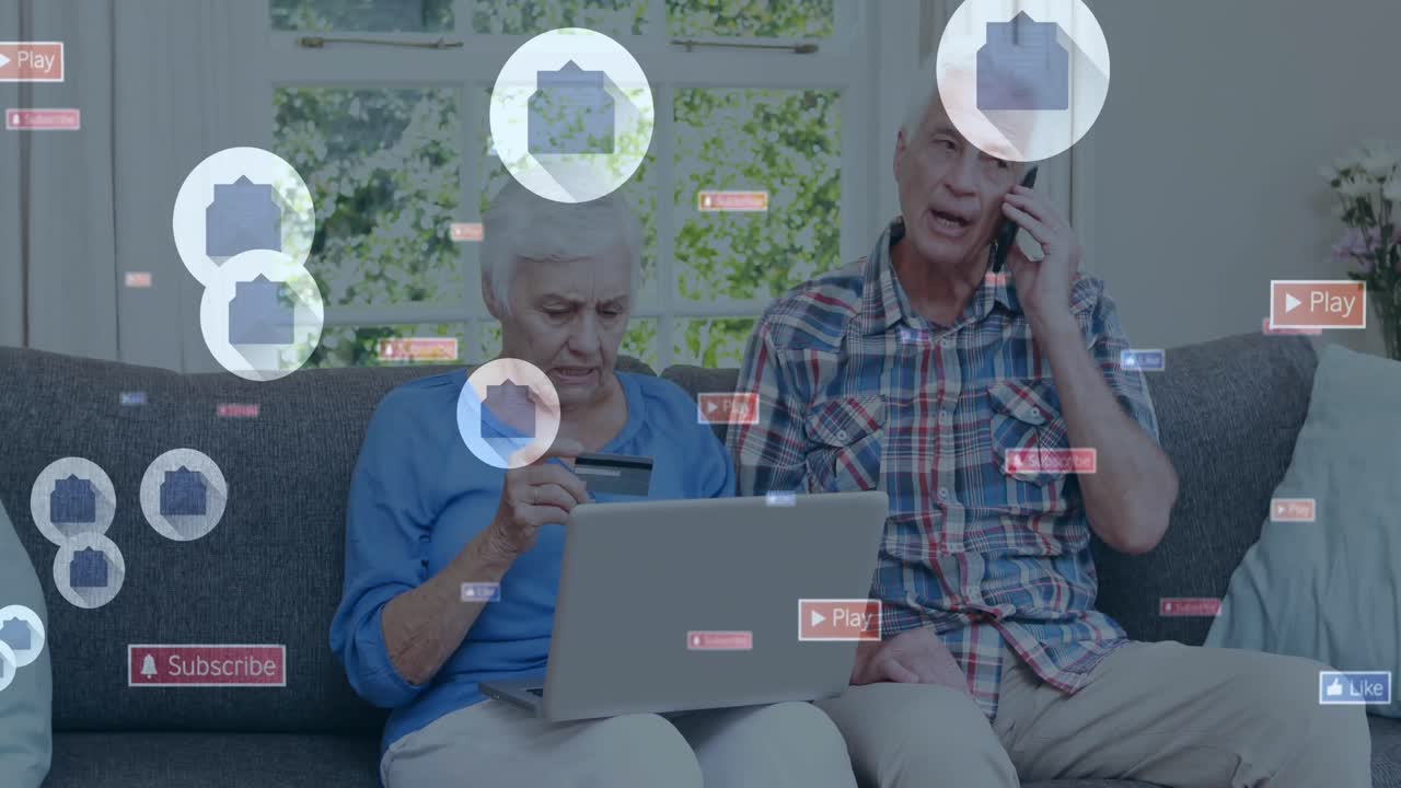 Animazione di icone di social media su una coppia di anziani caucasici che utilizza dispositivi elettronici a casa.