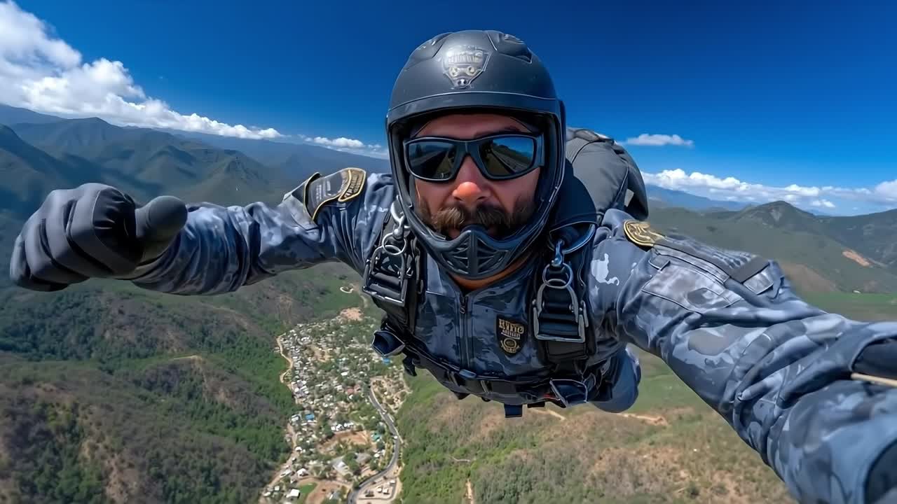 Seorang pria mengenakan helm dan kacamata sedang melakukan skydiving di udara