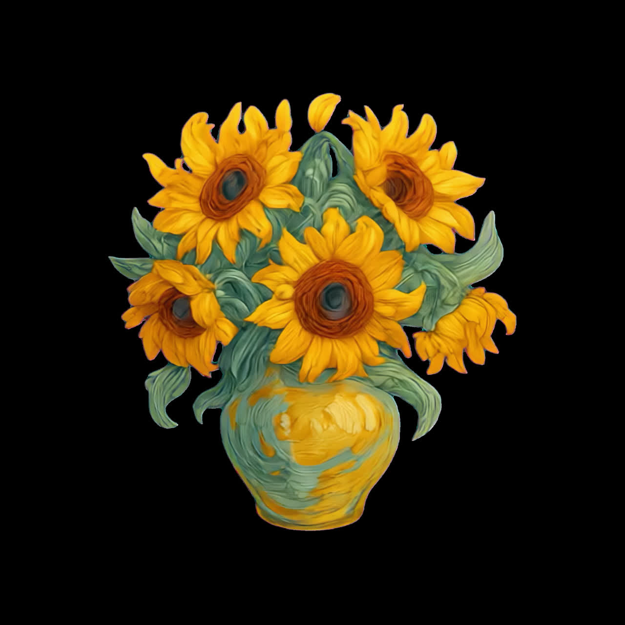 Vibrant sunflowers in artistic vase animation isolated asset, transparent 4K video, alpha channel