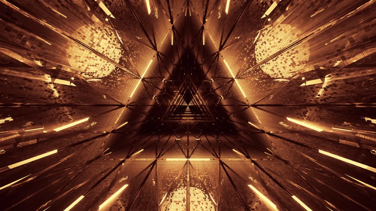 Flying into triangular tunnel with gold particles flowing, sci-fi spaceship interior, futuristic technology corridor seamless VJ for tech titles and background