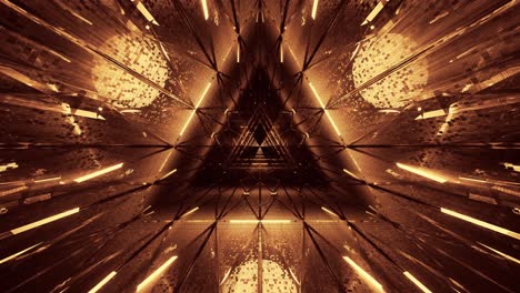 flying into triangular tunnel with gold particles flowing, sci-fi spaceship interior, futuristic technology corridor seamless vj for tech titles and background