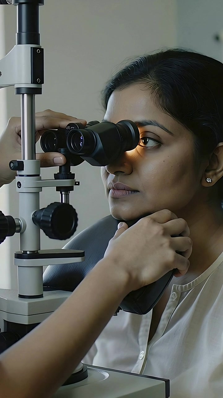 Vertical video: Aligning Dr turning slit lamp in clinic checking right eye as patient blinking