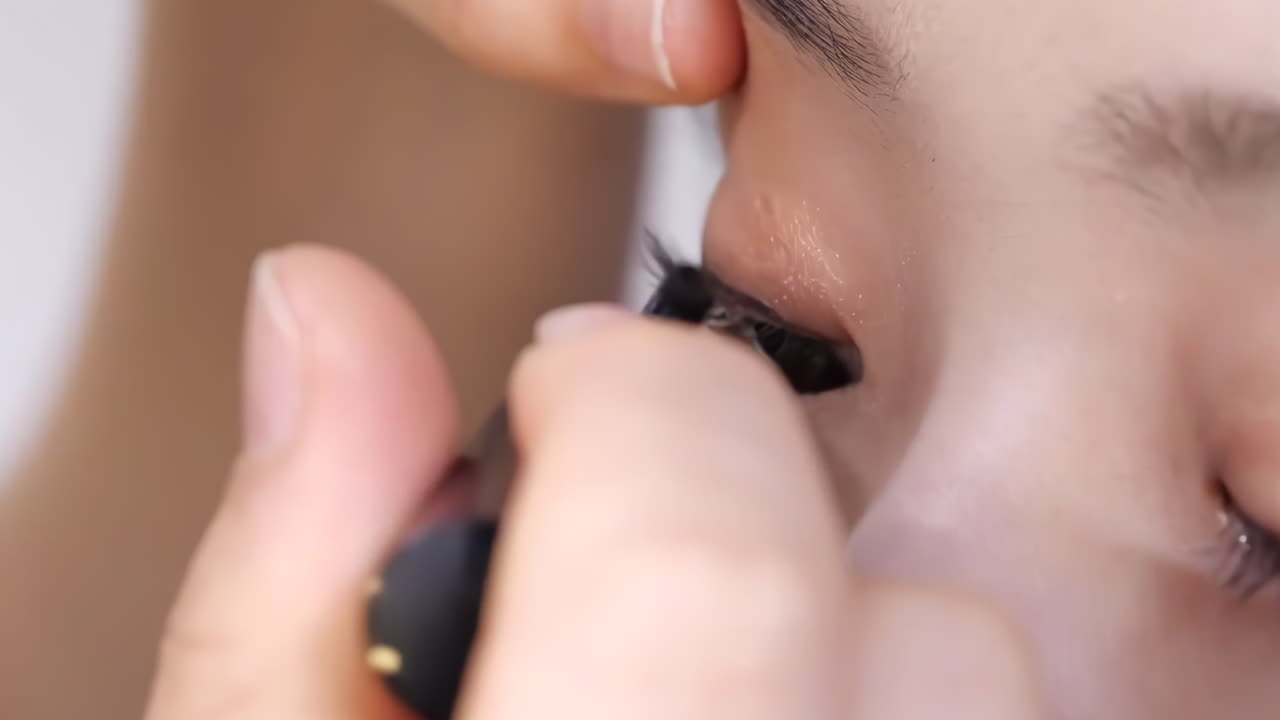 chica modelo profesional con piel sana haciendo maquillaje con pincel aislado en fondo beige, concepto de producto cosmético, maquillaje, piel sana, aplicación de fundación, colores de piel, con espacio de copia