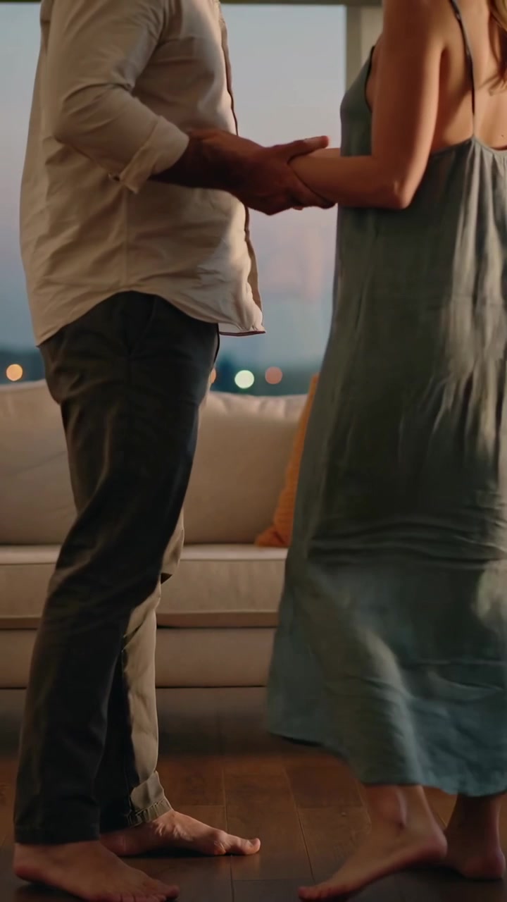 Video verticale: Tenendosi per mano, una coppia in camicia e vestito ampio cammina in punta di piedi vicino al divano e alla finestra, ballando.