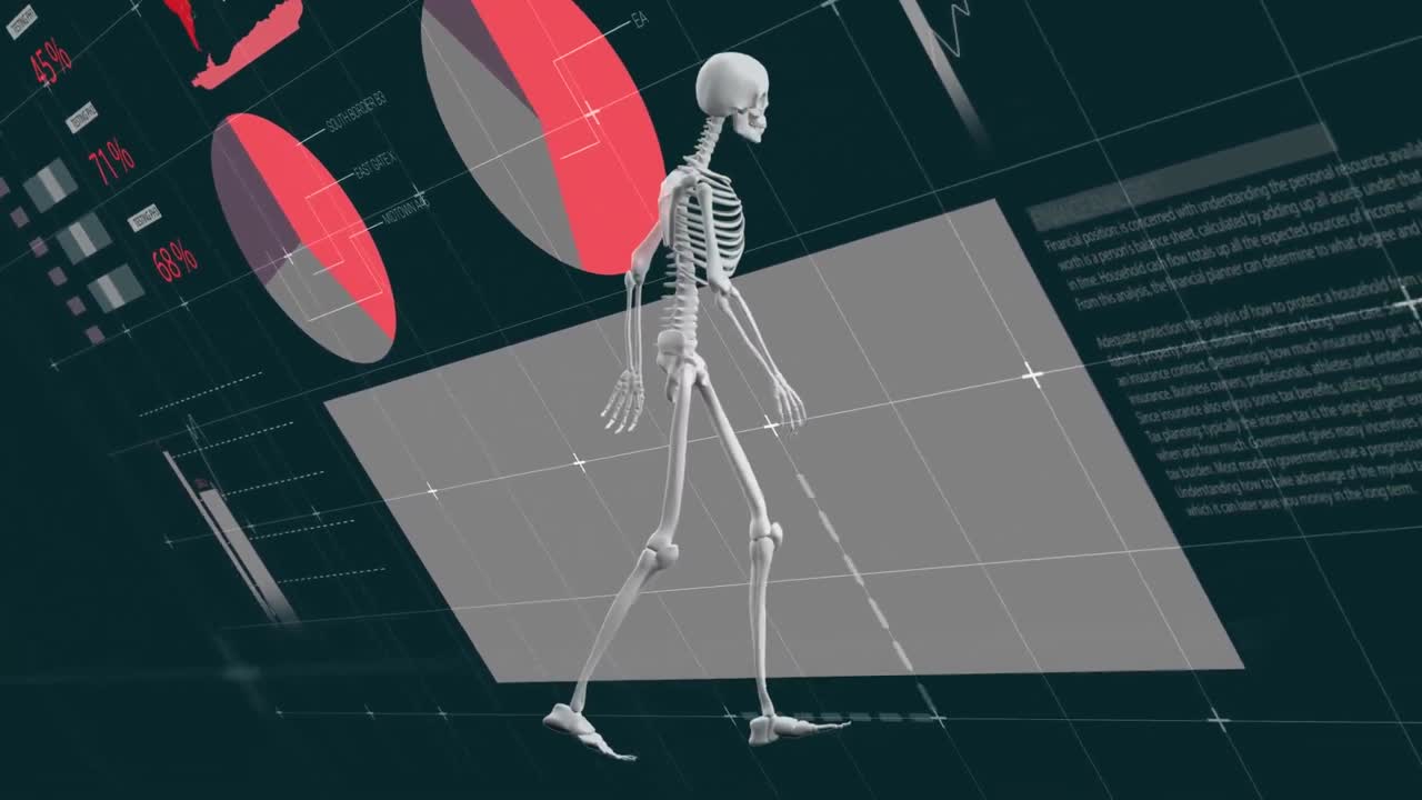 검은 바탕에 인포그래픽 인터페이스를 통해 는 인간 골격의 애니메이션