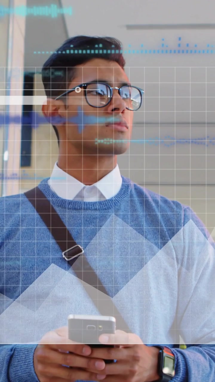 Vertical video: Man checking phone lifting head scanning area HUD tech tracking face ending upright