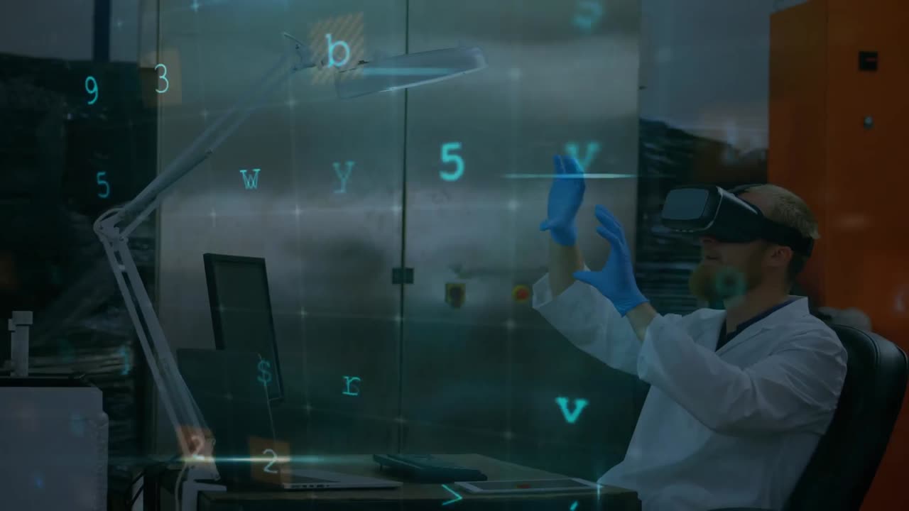 animación de advertencia de ataque cibernético sobre el científico con auriculares vr