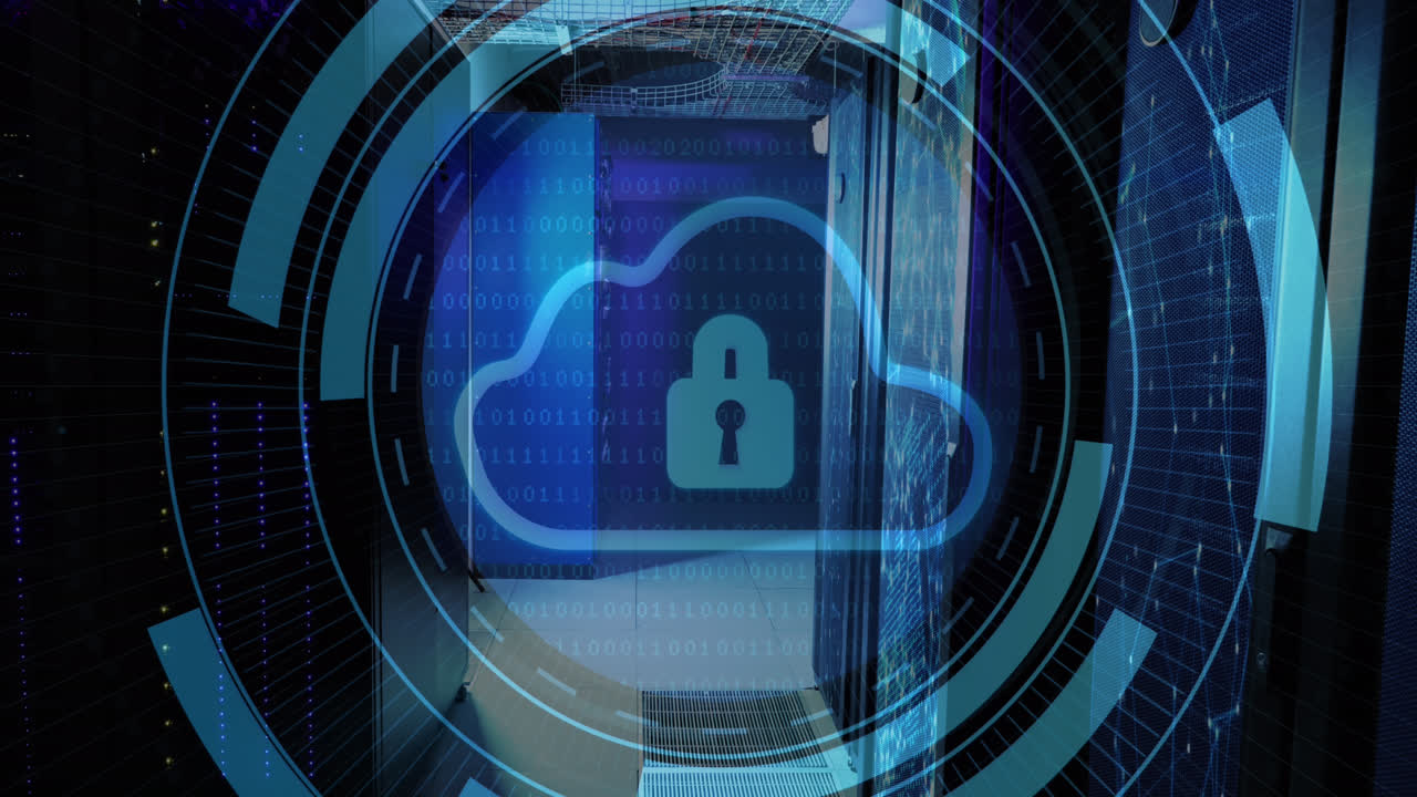 Animation of cloud icon and data processing over server room