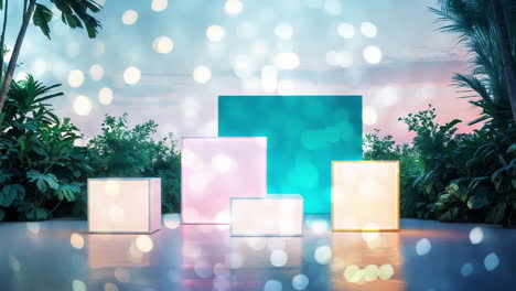 illuminated light boxes amidst tropical foliage with bokeh background