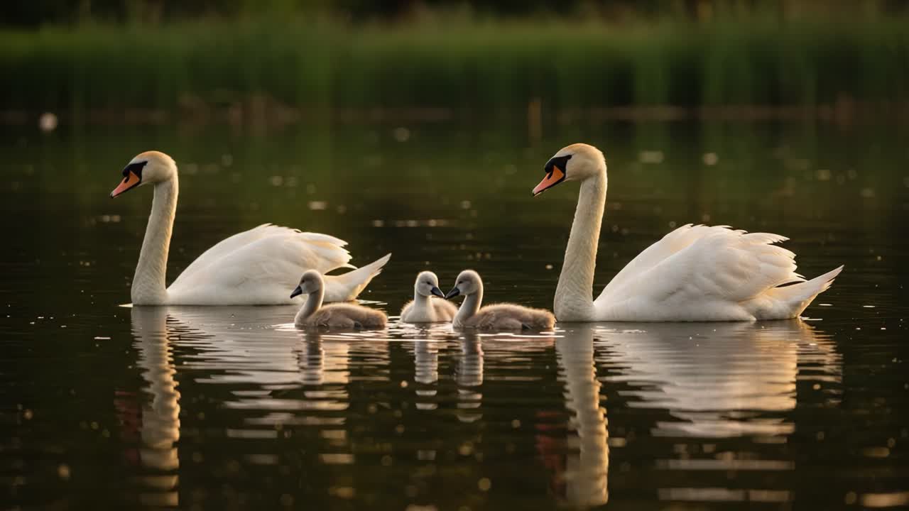 A family of swans, including two adults and two cygnets, gracefully swimming in calm water