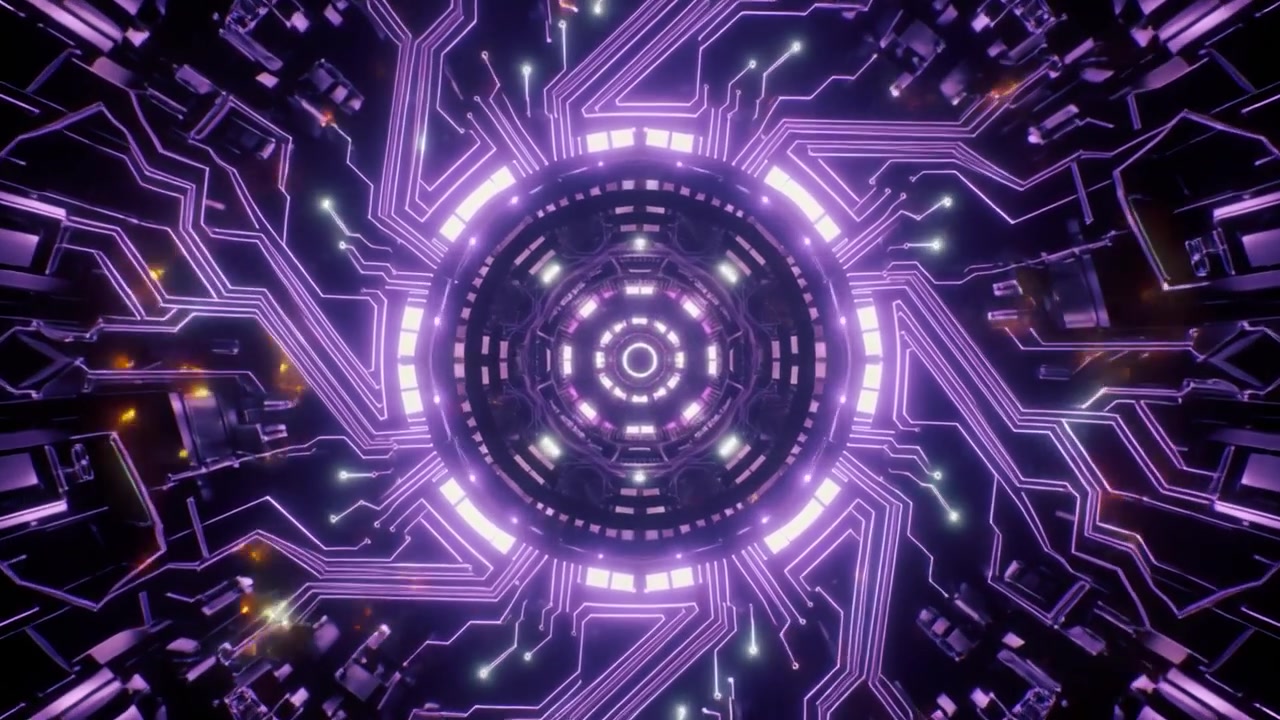 Tunnel digitale futuristico con motivi di circuito stampato viola luminosi