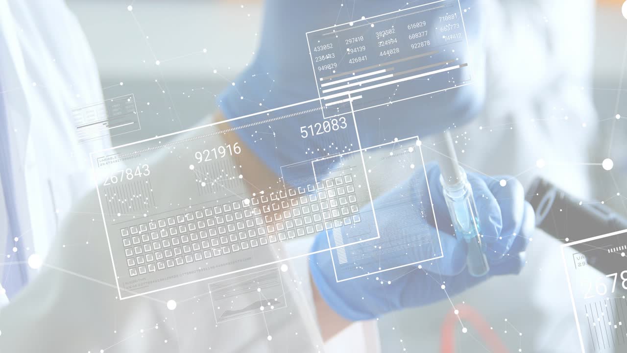 Gloved hand raising pipette initiating live data overlays showing numbers, dropping fluid