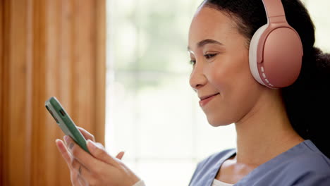 nurse, headphones and woman with a smartphone