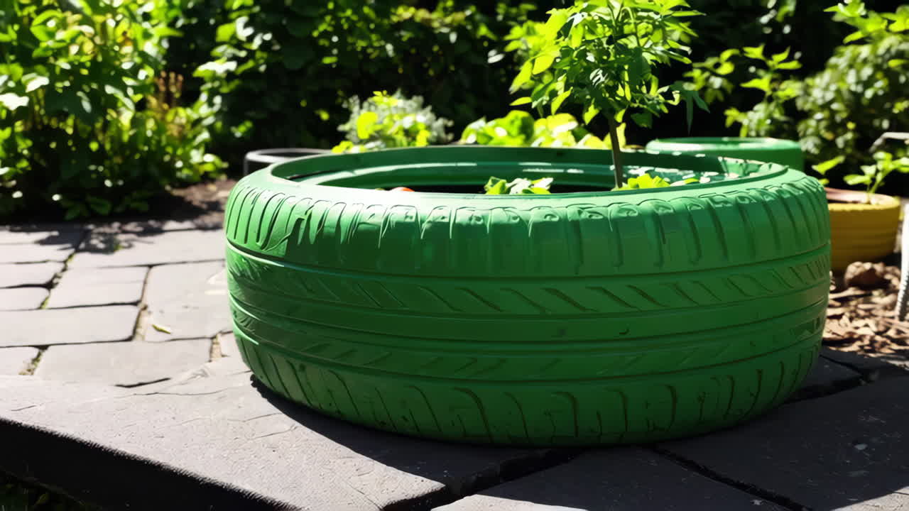 Giardino con fioriere in pneumatici riciclati