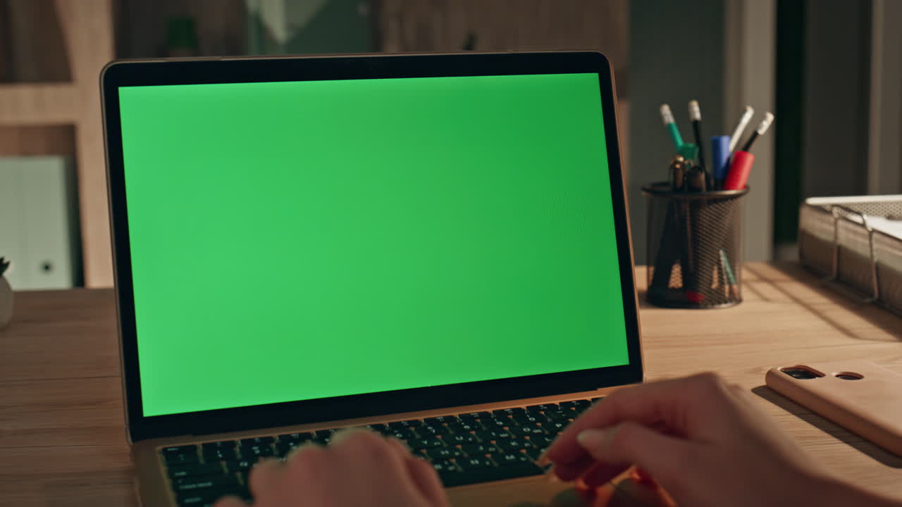 Businesswoman looking green screen laptop at home office closeup. Manager work