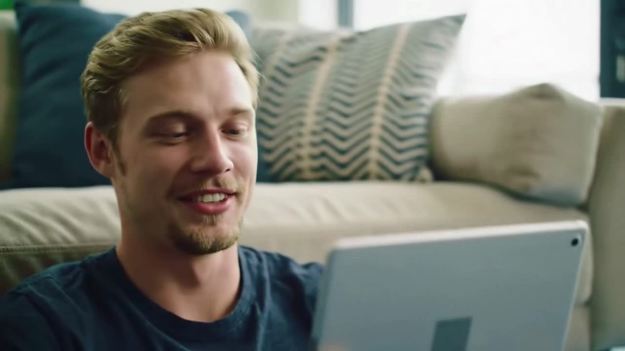 joven usando una tableta en casa
