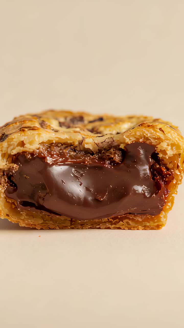 Video verticale: la telecamera si allontana rivelando un dolce di cioccolato su un tavolo beige, mostrando un ripieno lucido
