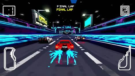 pixelated red sports car speeding through futuristic neon lit track, leaving pixelated blue trails, during final lap of retro style racing game