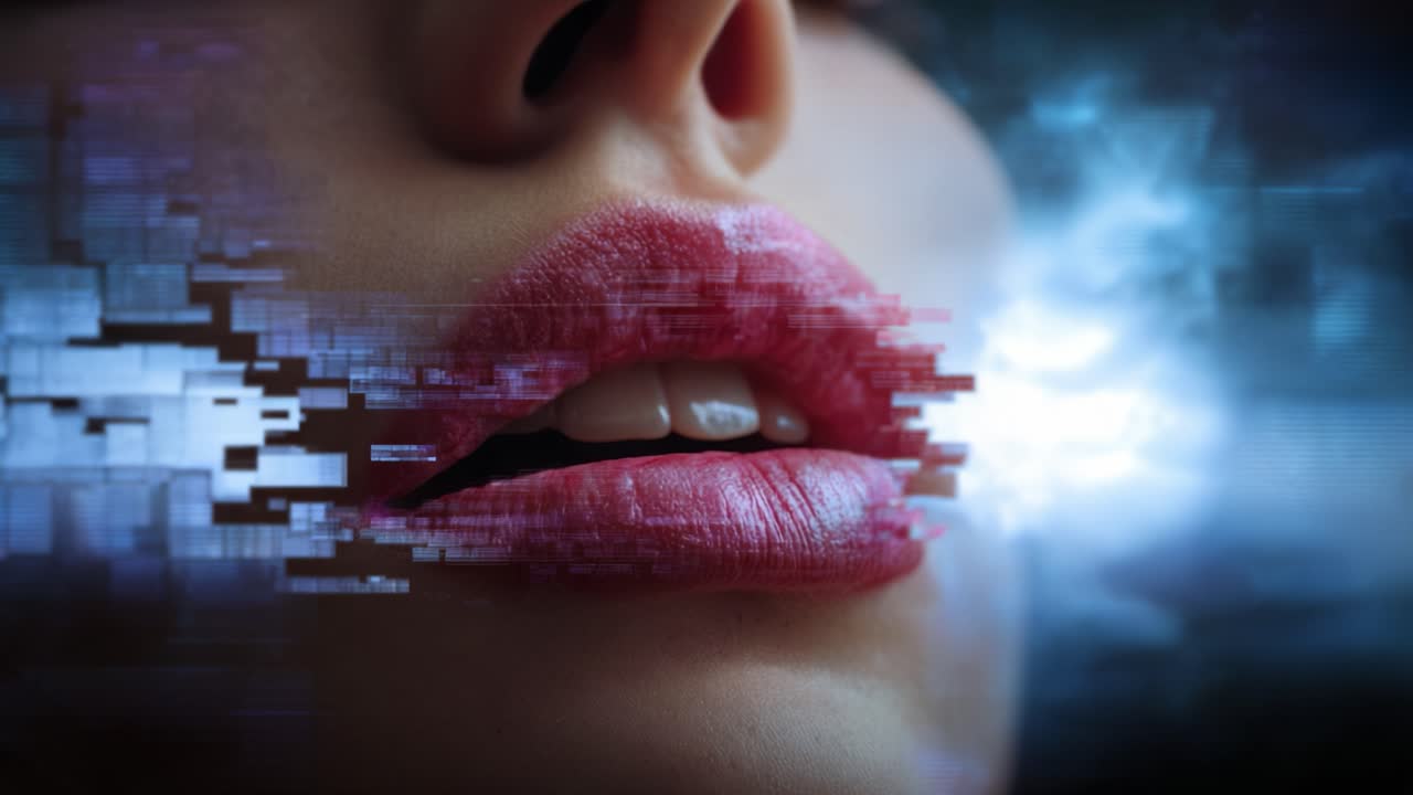 Fragmentação digital da expressão humana com foco nos lábios, combinando tecnologia e emoção em uma jornada visual surreal de comunicação.