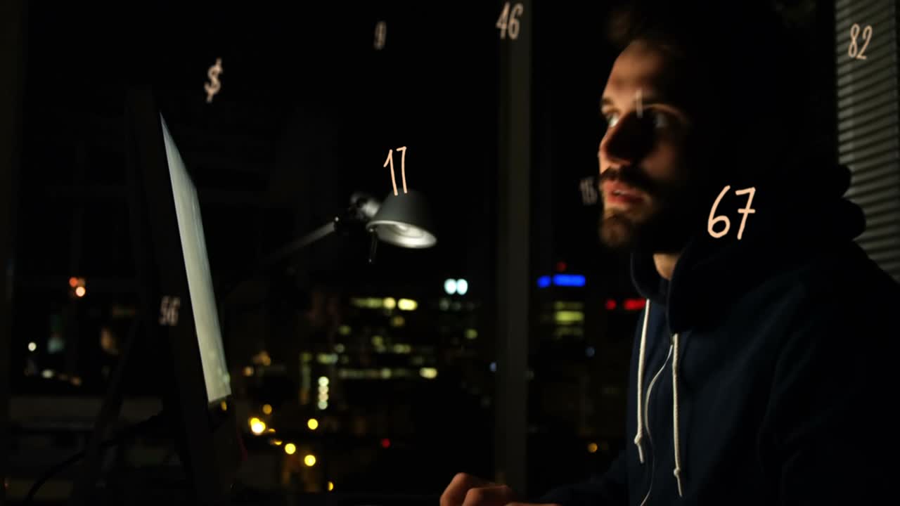 Animazione di numeri fluttuanti su uomo caucasico che usa il computer