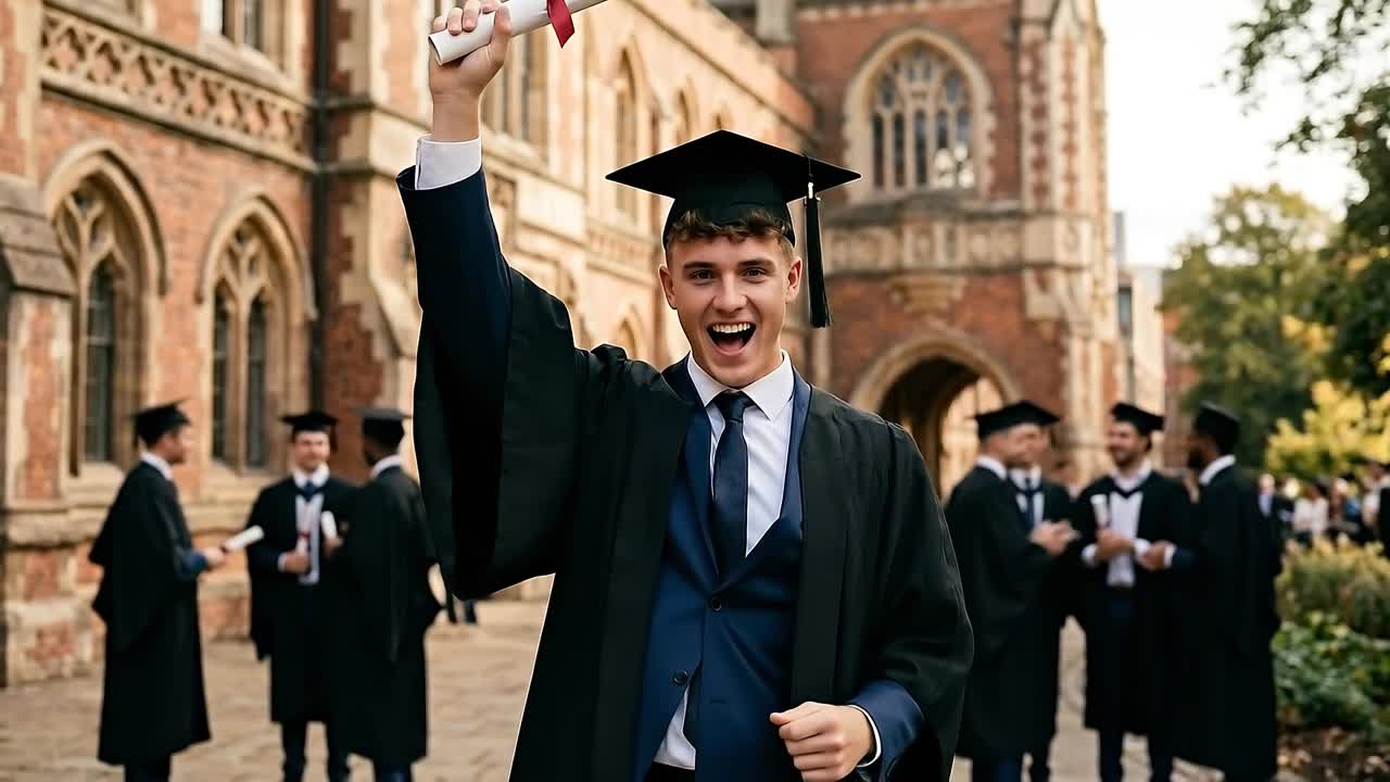 Graduate student celebrating with diploma raised in hand wearing cap and gown in front of university campus building