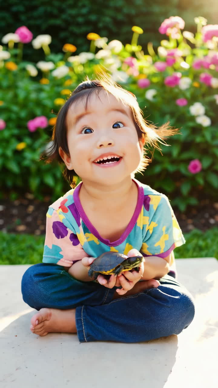 Anak Ceria Tertawa Sambil Memegang Kura-kura Peliharaan di Taman yang Cerah